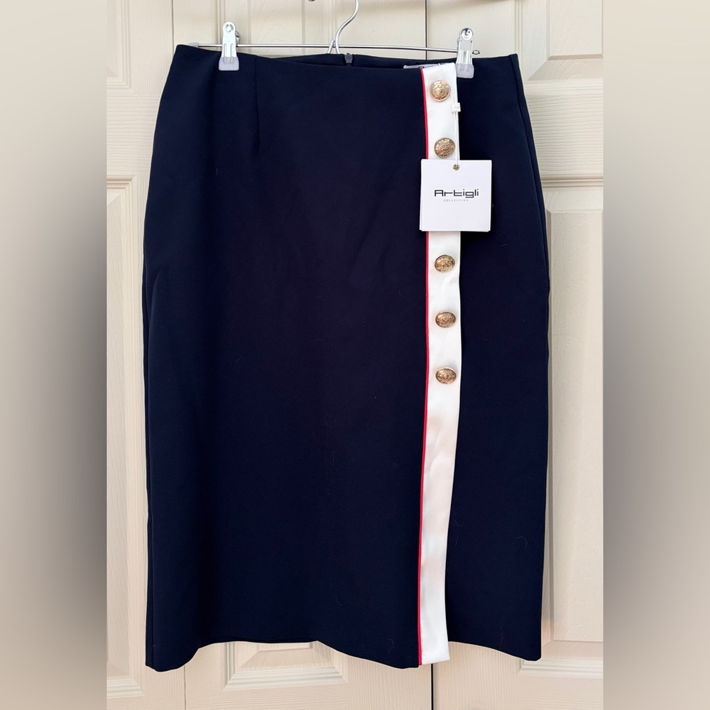 Navy Blue Skirt with Gold Button Detail